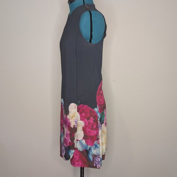 Ted Baker Navy and Floral Sleeveless Drape Front Dress, Size 2 - Picture 3 of 4